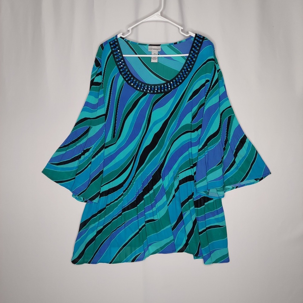 Catherines Top Women 3X plus 22/24 Pleated‎ Chiffon Short Flare Sleeve Beaded